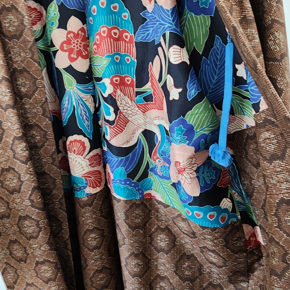 Vintage kimono silk hand stitched haori jacket brown floral lining -K11 - Picture 3 of 16